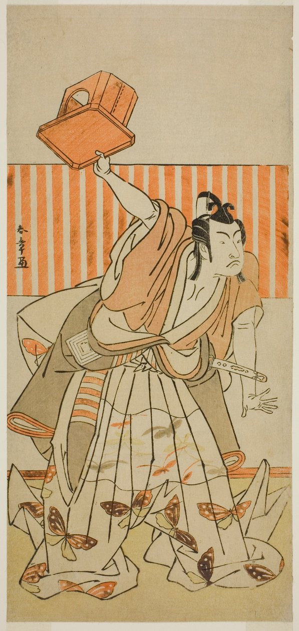 Herec Ichikawa Monnosuke II jako Ageha no Chokichi v přestrojení za Soga no Goro Tokimune ve hře Kaido Ichi Yawaragi Soga, uvedené v divadle Nakamura ve třetím měsíci, 1778 od Katsukawa Shunsho