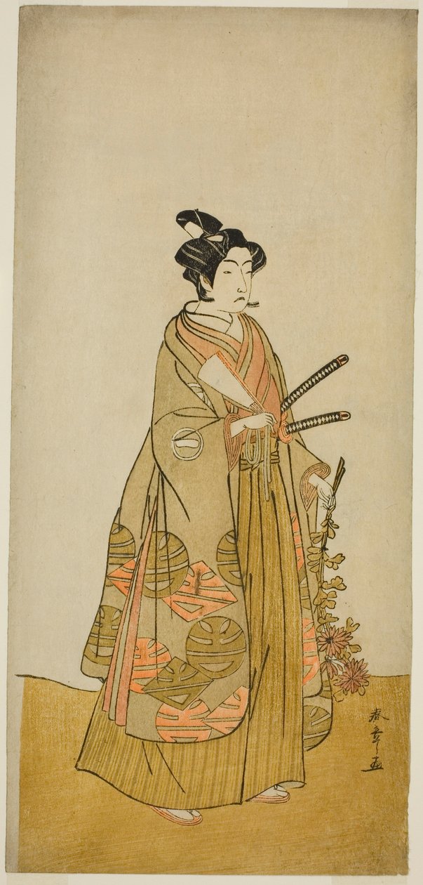 Herec Ichikawa Monnosuke II jako Kichisaburo, Temple Page of Kichijo-ji, ve hře Sono Kyodai Fuji no Sugatami, hrál v divadle Morita ve druhém měsíci, 1776 od Katsukawa Shunsho
