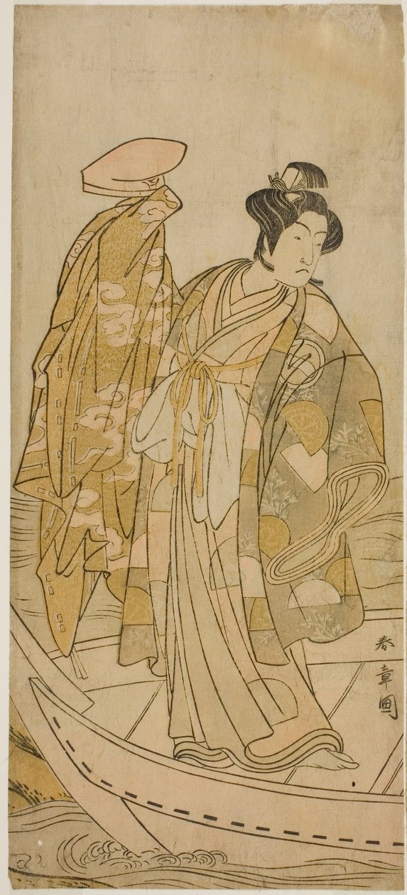 Herec Ichikawa Monnosuke II jako Minamoto no Yorinobu ve hře Kikujido Shuen no Iwaya, hrál v divadle Morita v jedenáctém měsíci, 1775 od Katsukawa Shunsho