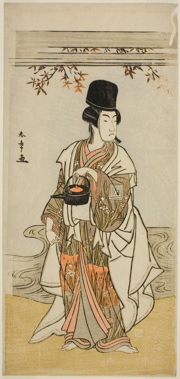 Herec Ichikawa Monnosuke II jako dvorní sluha Shoheida Sadamori ve hře Masakado Kammuri no Hatsuyuki, hrál v divadle Nakamura v jedenáctém měsíci, 1777 od Katsukawa Shunsho