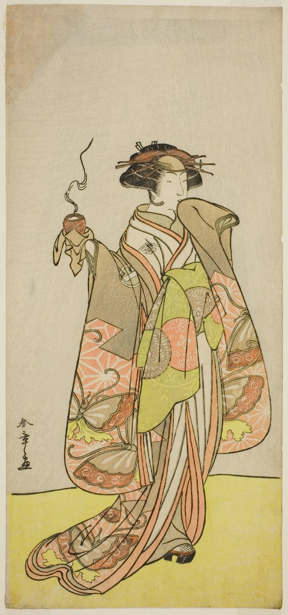 Herec Ichikawa Monnosuke II jako kurtizána Kewaizaka no Shosho ve hře Sono Kyodai Fuji no Sugatami, hrál v divadle Morita v prvním měsíci, 1776 od Katsukawa Shunsho
