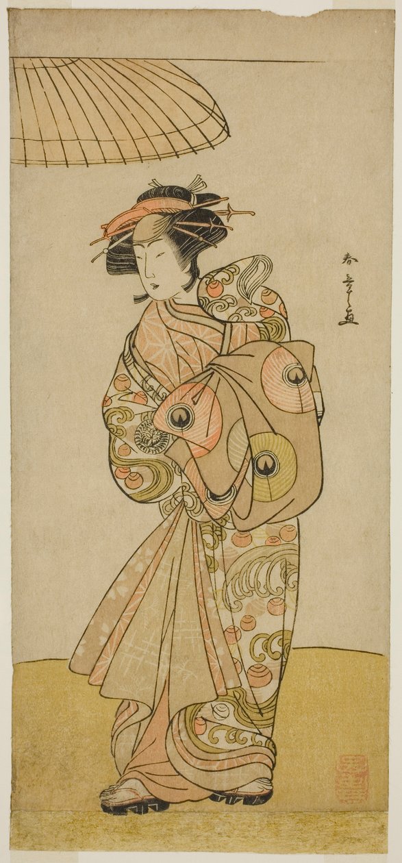 Herec Ikushima Daikichi III jako kurtizána Naniwazu ve hře Saki Masuya Ume no Kachidoki, hrál v divadle Ichimura v jedenáctém měsíci, 1777 od Katsukawa Shunsho