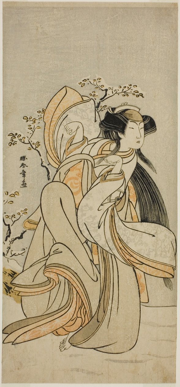 Herec Iwai Hanshiro IV jako Kojoro-gitsune z Hakaty ve hře Hikitsurete Yagoe Taiheiki, hrál v divadle Morita v jedenáctém měsíci, 1776 od Katsukawa Shunsho