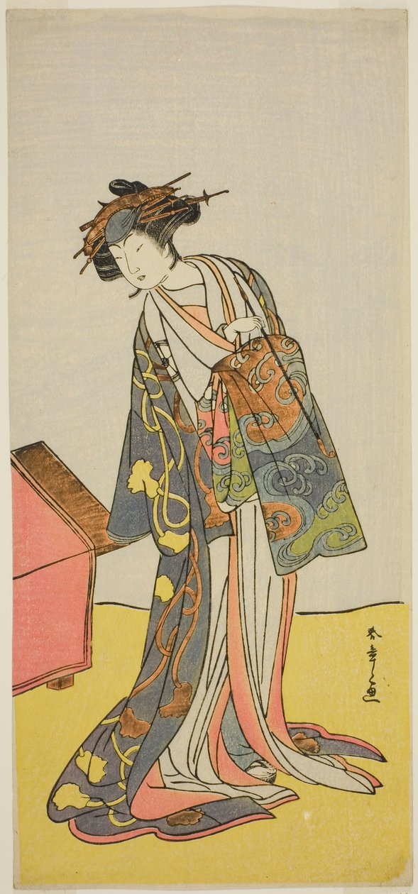 Tea C a r Gratulační vydání White V As Tee school r Te-san Člen Agemaki Tee Pay Sukeroku je příbuzný Tsuzakura, Perfor d at Te Ichimura Tee člen Tee th , 1776 od Katsukawa Shunsho