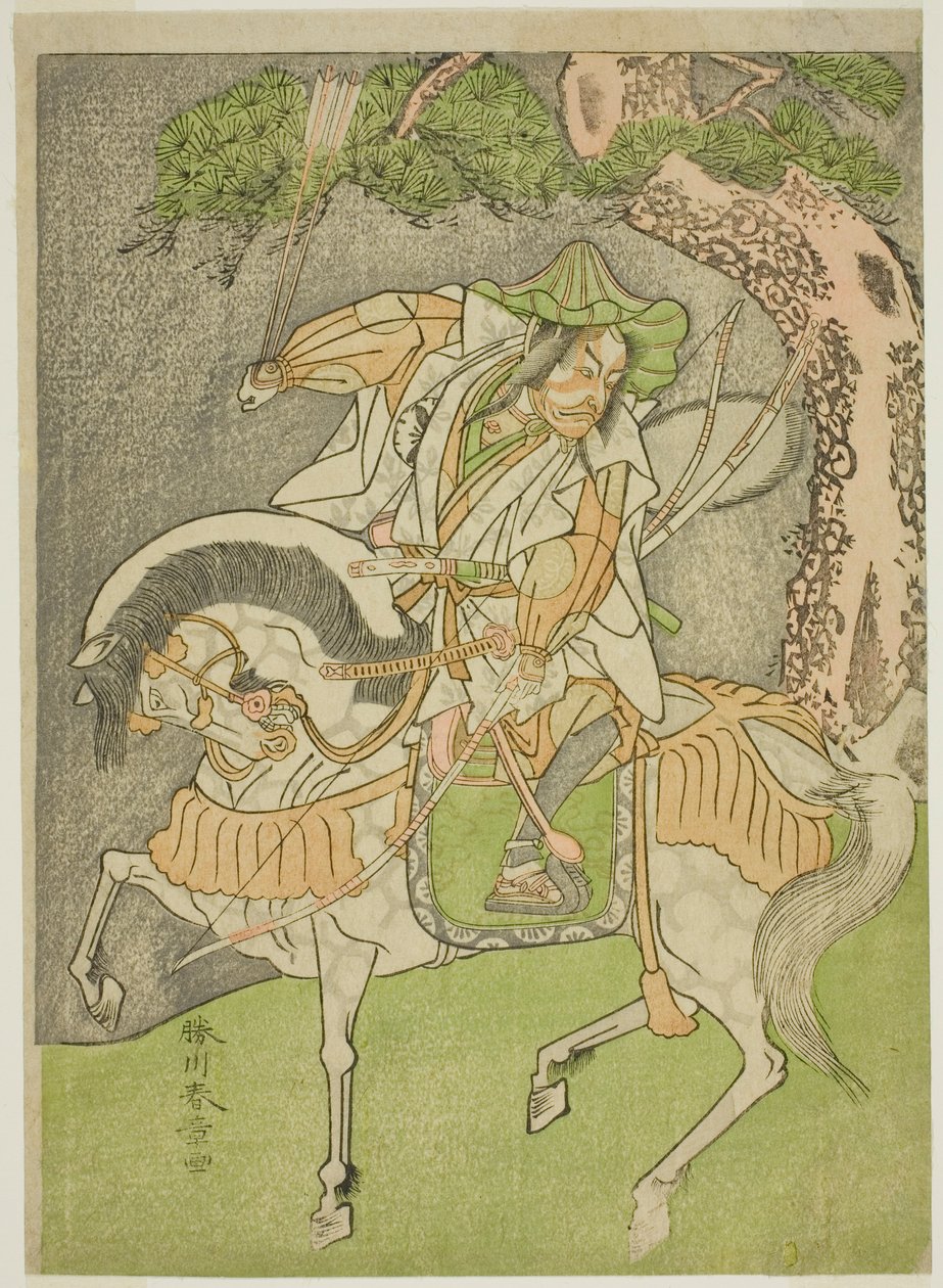 Herec Matsumoto Koshiro II jako Kagekiyo převlečený za Omi Yawatanosuke ve hře Haru wa Soga Akebono-zoshi, hrál v divadle Nakamura v prvním měsíci, 1772 od Katsukawa Shunsho