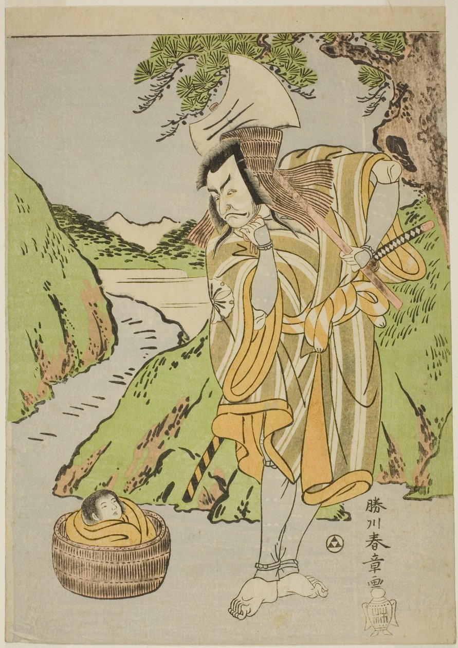 Herec Matsumoto Koshiro II jako Osada no Taro Kagemune v přestrojení za dřevorubce Gankutsu no Gorozo, ve čtvrtém dějství (?) hry Nue no Mori Ichiyo no Mato (Les nueského netvora: Cíl jedenáctého měsíce), hrané na Nakamurovo divadlo z od Katsukawa Shunsho