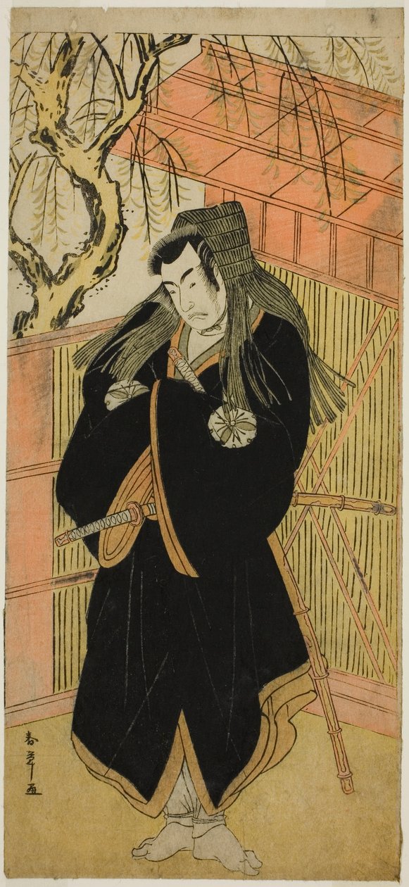 Herec Matsumoto Koshiro IV jako Matsuo-maru (?) ve hře Sugawara Denju Tenarai Kagami (?), hrál v divadle Nakamura (?) ve čtvrtém měsíci, 1779 (?) od Katsukawa Shunsho