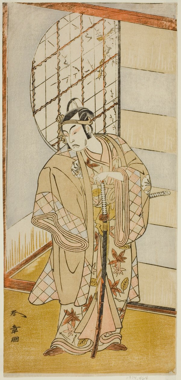Herec Matsumoto Koshiro IV jako Matsuo-maru ve hře Sugawara Denju Tenarai Kagami, hrál v divadle Nakamura v devátém měsíci, 1773 od Katsukawa Shunsho