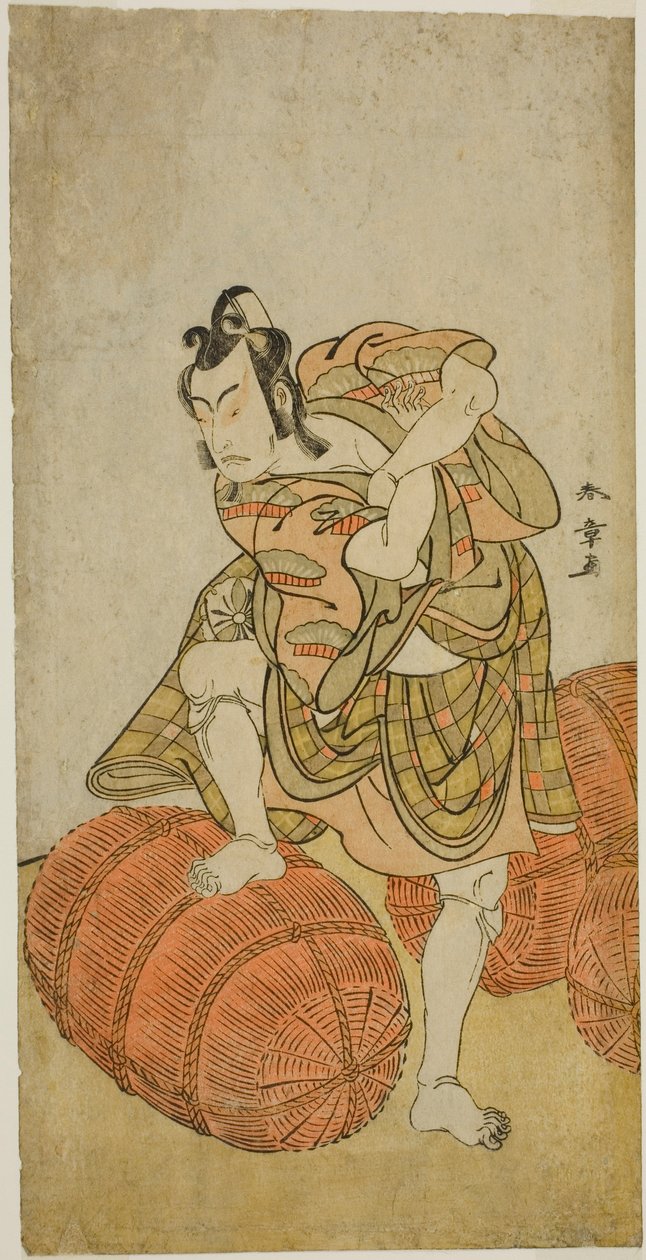 Herec Matsumoto Koshiro IV jako Matsuo-maru ve hře Sugawara Denju Tenarai Kagami, hrál v divadle Nakamura ve čtvrtém měsíci, 1779 od Katsukawa Shunsho