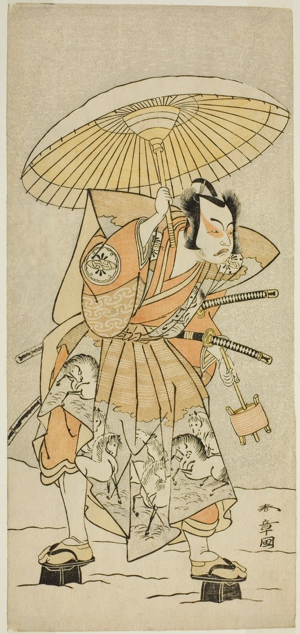 Herec Nakamura Juzo II jako Kajiwara Genta Kagetoki ve hře Izu-goyomi Shibai no Ganjitsu, hrál v divadle Morita v jedenáctém měsíci, 1772 od Katsukawa Shunsho