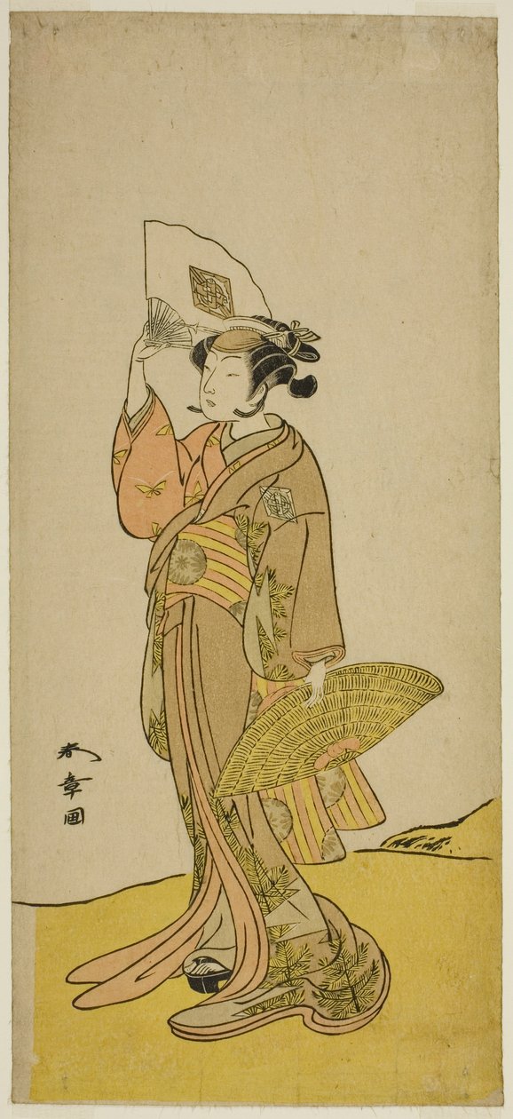 Herec Nakamura Matsue I jako Kasaya Sankatsu (?) ve hře Hana no Gosho Konegen Butai (?), hrané v divadle Nakamura (?) v osmém měsíci, 1772 (?) od Katsukawa Shunsho