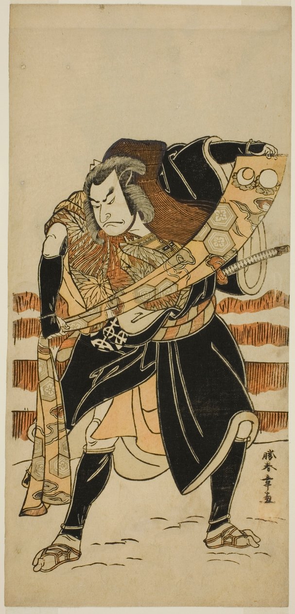 Herec Nakamura Nakazo I jako Abe no Sadato (?) ve hře Date Nishiki Tsui no Yumitori (?), hrál v divadle Morita (?) v jedenáctém měsíci, 1778 (?) od Katsukawa Shunsho