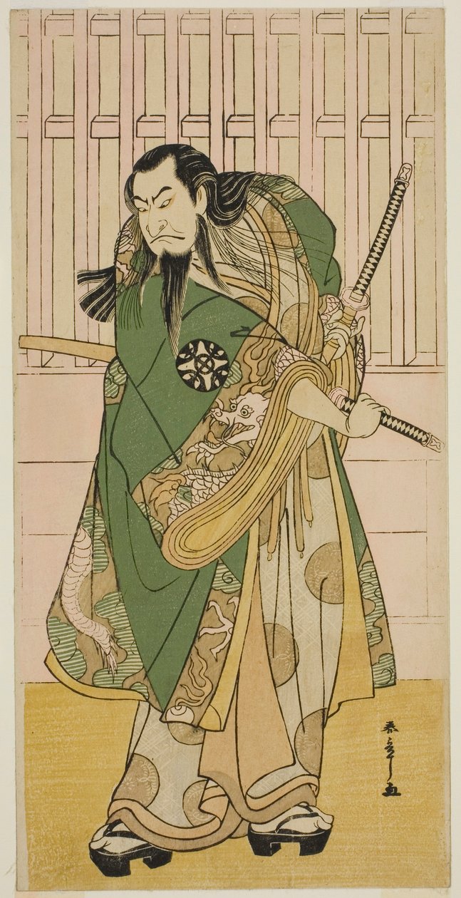 Herec Nakamura Nakazo I jako Hige no Ikyu ve hře Nanakusa Yosooi Soga, hrál v divadle Nakamura v pátém měsíci, 1782 od Katsukawa Shunsho