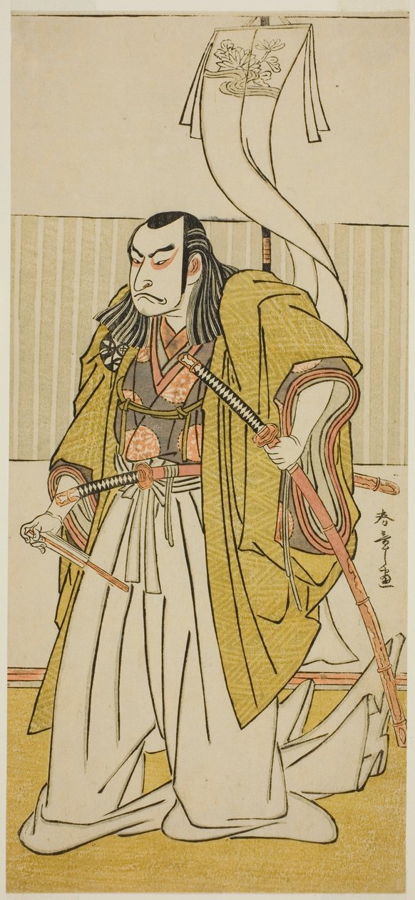 Herec Nakamura Nakazo I jako Kusunoki Masayuki v přestrojení za Uji no Joetsu ve hře Go Taiheiki Shirishi-banashi, hrané v divadle Morita ve čtvrtém měsíci, 1780 od Katsukawa Shunsho