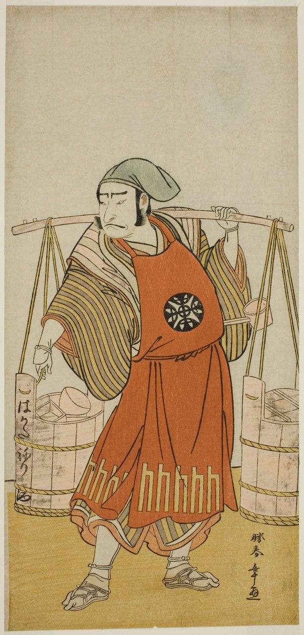 Herec Nakamura Nakazo I jako Nagasaki Kageyuzaemon v přestrojení za Gorohachiho prodavače saké ve hře Hikitsurete Yagoe Taiheiki, uvedeno v divadle Morita v jedenáctém měsíci, 1776 od Katsukawa Shunsho