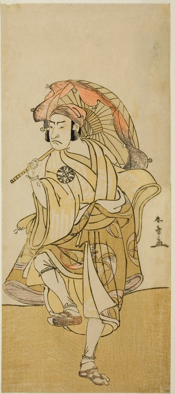 Herec Nakamura Nakazo I jako Onmaya Kisanda v přestrojení za lvího tanečníka Kakubei ve hře Chigo Torii Tobiiri Kitsune, uvedené v divadle Ichimura v jedenáctém měsíci, 1777 od Katsukawa Shunsho