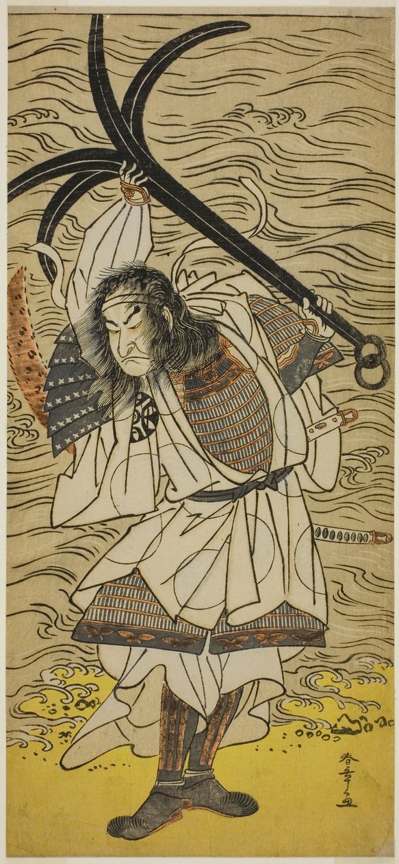 Herec Nakamura Nakazo I jako Taira no Tomomori převlečený za Tokaiya Gimpei, ve hře Yoshitsune Sembon-zakura, hrál v divadle Morita ve čtvrtém měsíci, 1777 od Katsukawa Shunsho