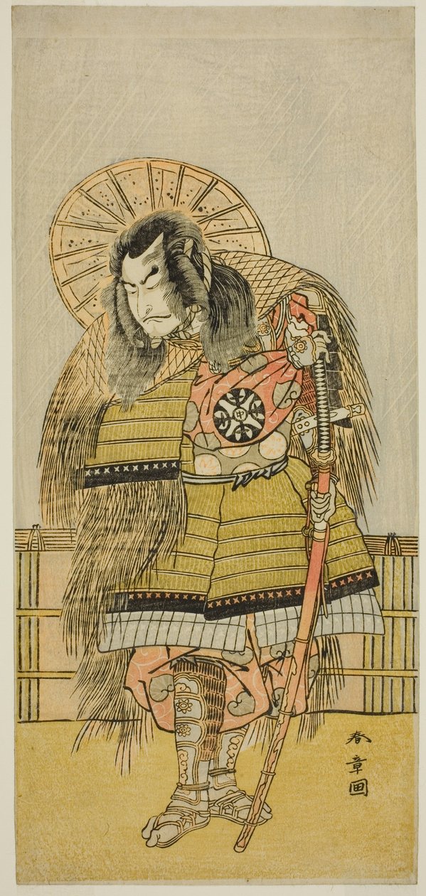 Nakamura Nakazo I jako Takechi Jubei Mitsuhide ve hře Shusse Taiheiki, uvedené v divadle Nakamura v osmém měsíci, od Katsukawa Shunsho