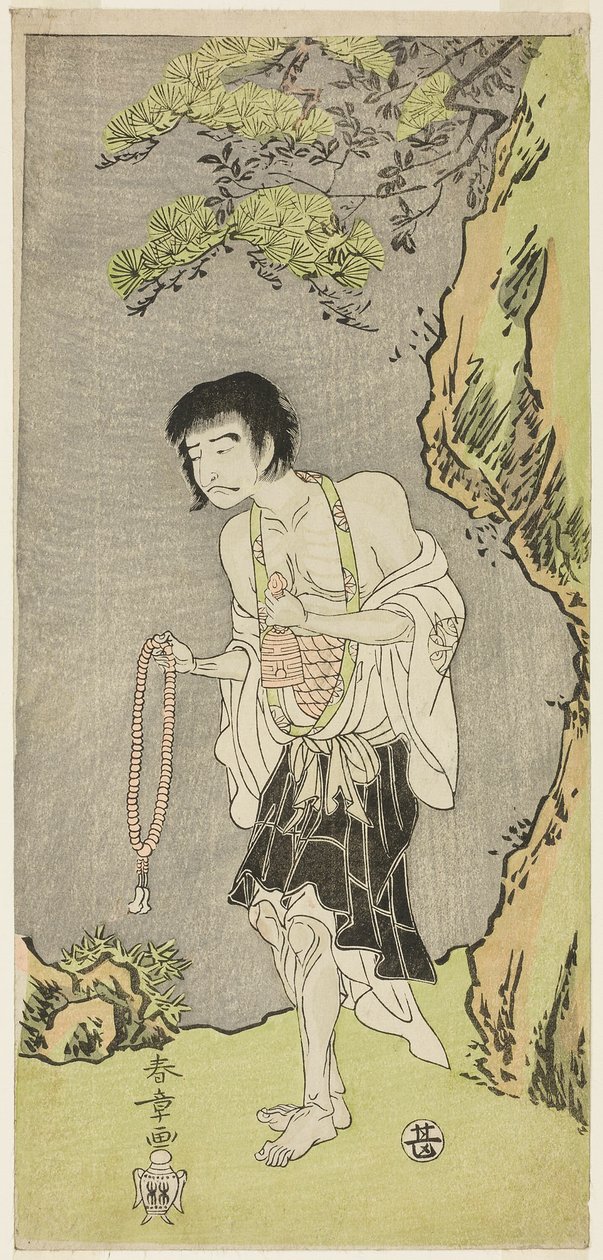 Herec Nakamura Nakazo I jako mnich, Raigo Ajari, ve hře Nue no Mori Ichiyo no Mato (Forest of the Nue Monster: Target of the Eleventh Month), hrané v divadle Nakamura od prvního dne jedenáctého měsíce, 1770 od Katsukawa Shunsho
