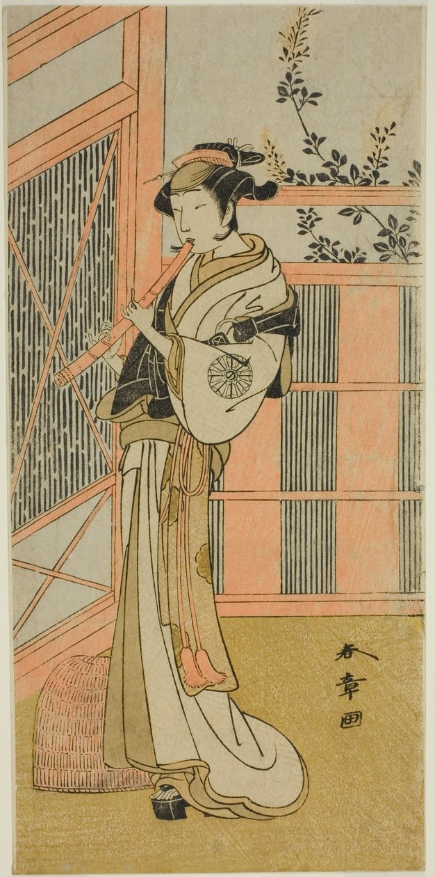 Herec Nakamura Noshio I jako Misao převlečený za Komuso ve hře Kosode-gura no Tekubari, uvedené v divadle Morita ve druhém měsíci, 1772 (?) od Katsukawa Shunsho
