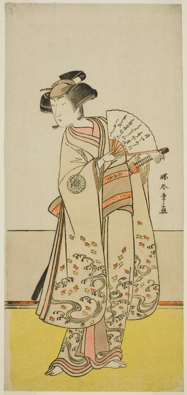 Herec Nakamura Noshio I jako Oiso no Tora (?) ve hře Shida Yuzuriha Horai Soga (?), hrál v divadle Morita (?) v prvním měsíci, 1775 (?) od Katsukawa Shunsho