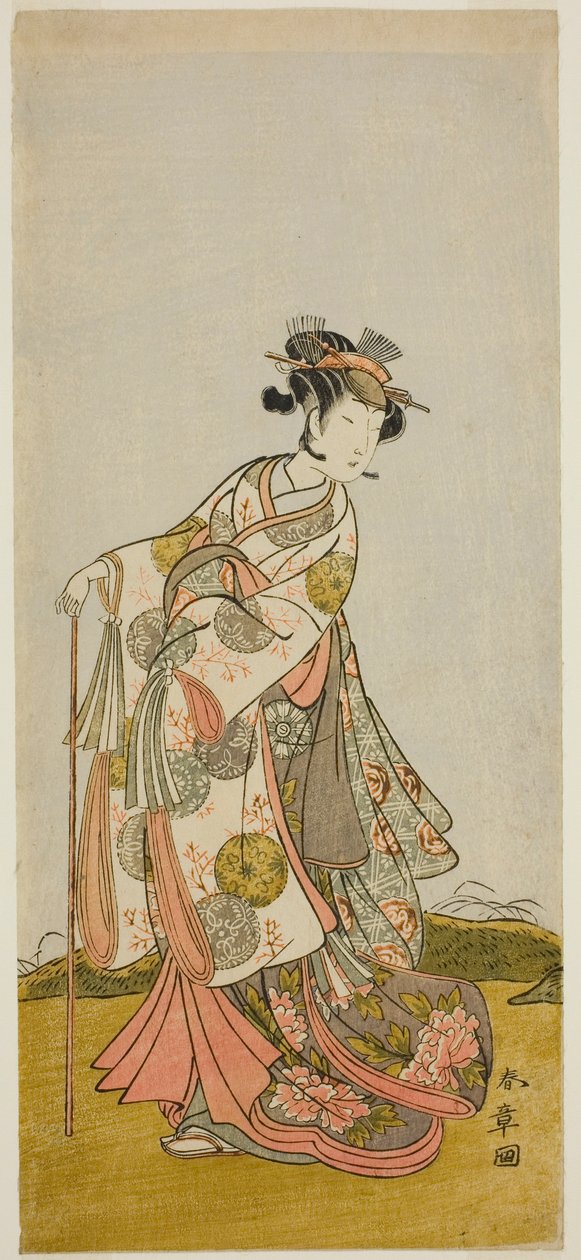 Herec Nakamura Noshio I jako princezna Usuyuki (Usuyuki Hime) ve hře „Shin Usuyuki Monogatari“, vystupující v divadle Morita v pátém měsíci roku 1774 od Katsukawa Shunsho