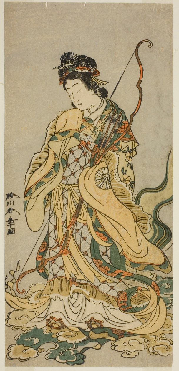 Herec Nakamura Noshio I jako bohyně Benzaiten z Enošimy ve hře Onno Aruji Hatsuyuki no Sekai, hrál v divadle Morita v jedenáctém měsíci, 1773 od Katsukawa Shunsho