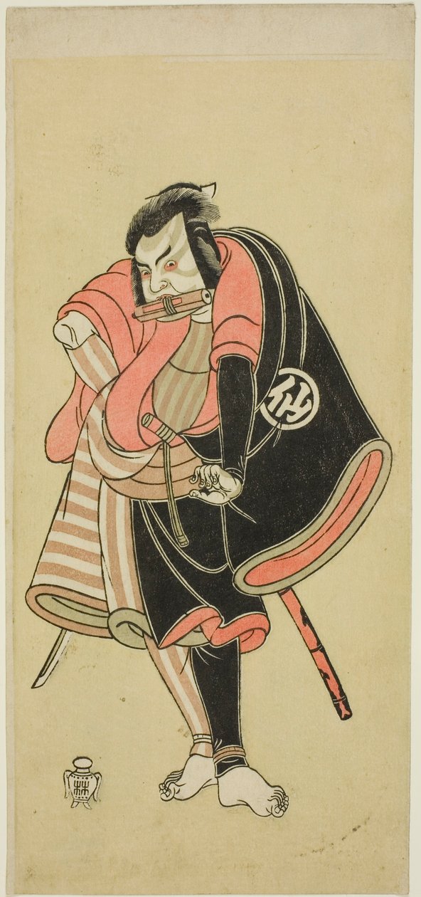 Herec Nakamura Sukegoro II jako Aso no Matsuwaka, ninja (Stínový válečník), ve hře Ima o Sakari Suehiro Genji (Klan Genji nyní za zenitem), hrál v divadle Nakamura od prvního dne jedenáctého měsíce, 1768 od Katsukawa Shunsho