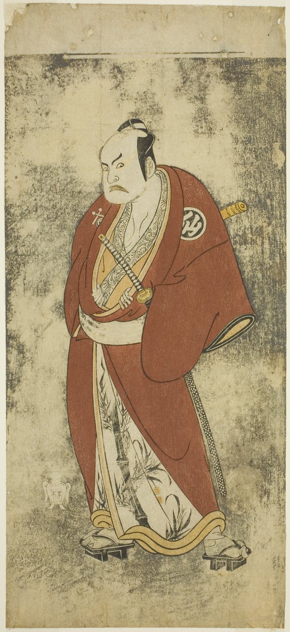 Herec Nakamura Sukegoro II jako Kaminari Shokuro v Joruri "Gonin Otoko" (Pět rytířských obyčejných), hraný jako jedno dějství v Ayatsuri Kabuki Ogi (mistrovství fanouška v Kabuki), vystupoval v divadle Nakamura od dvacátého dne Sedmý od Katsukawa Shunsho
