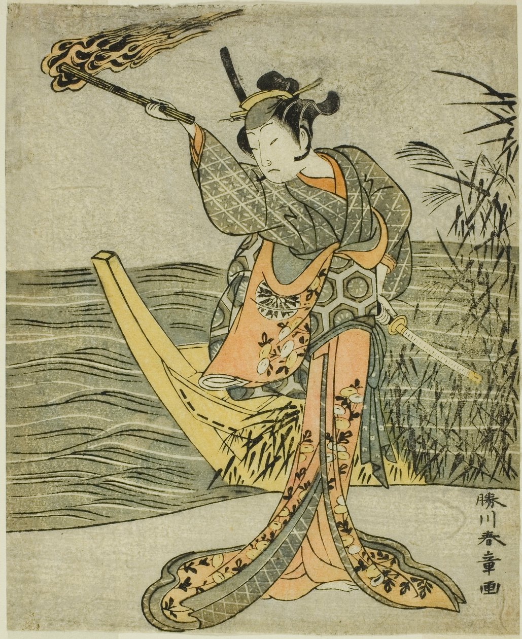 Herec Nakamura Tomijuro I jako Nagoya Osan ve hře Fuki Kaete Tsuki mo Yoshiwara (Znovutašená střecha: Měsíc svítí také nad Joshiwara Pleasure District), hrál v divadle Morita v jedenáctém měsíci, 1771 od Katsukawa Shunsho