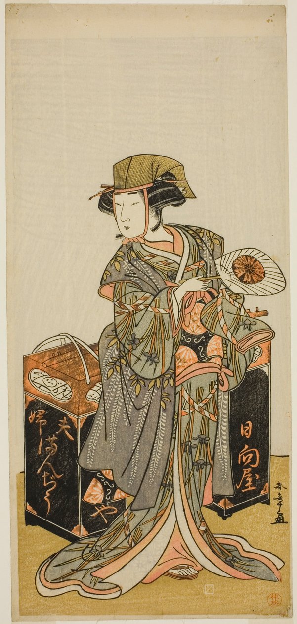 Herec Nakamura Tomijuro I jako prodavačka Beancake Hyugaya ve hře Chigo Torii Tobiiri Kitsune, uvedené v divadle Ichimura v jedenáctém měsíci, 1777 od Katsukawa Shunsho