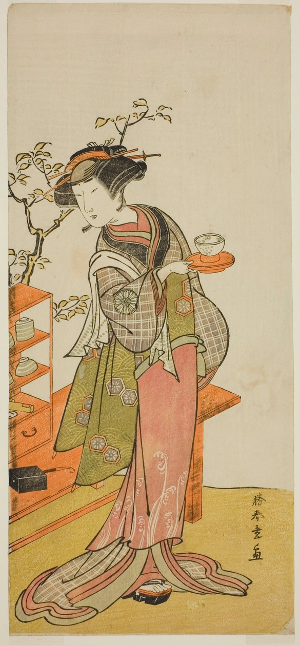 Herec Nakamura Tomijuro I jako servírka Otake ve hře Chigo Suzuri Aoyagi Soga, hrané v divadle Nakamura v prvním měsíci, 1777 od Katsukawa Shunsho