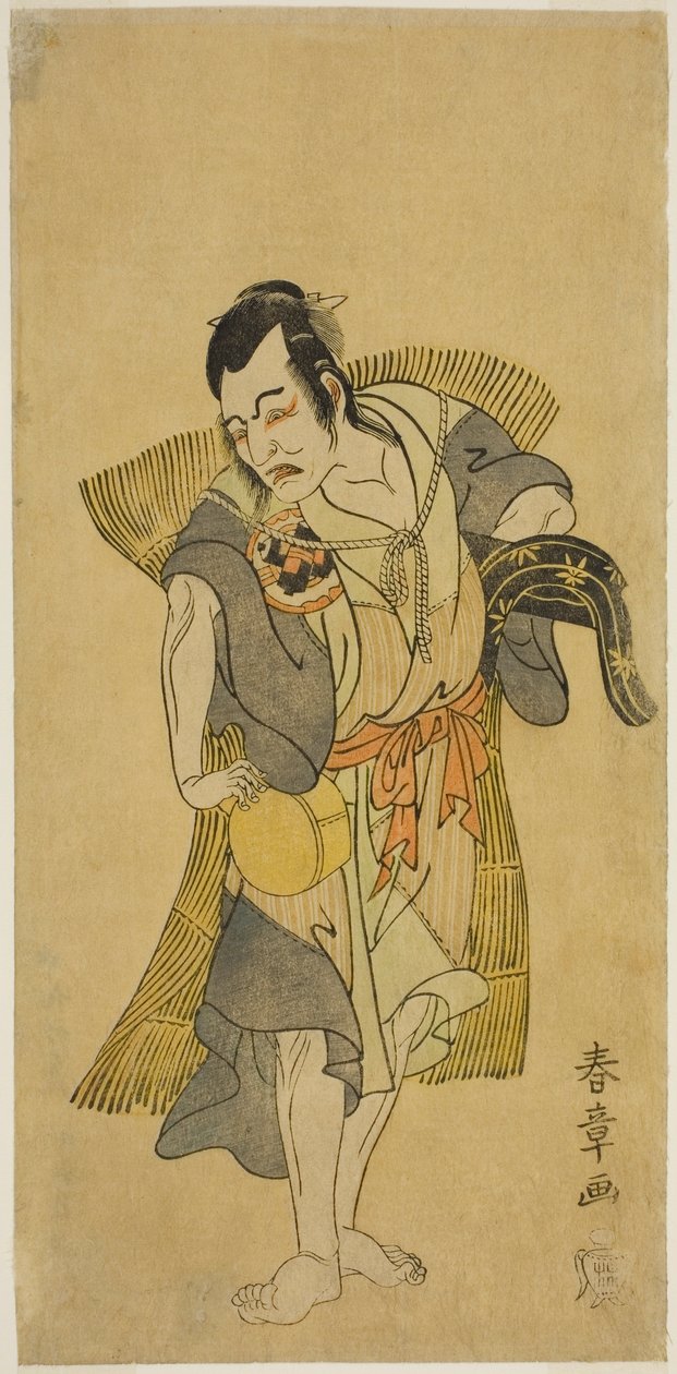 Herec Nakamura Utaemon I jako Kudo Suketsune převlečený za žebráka ve hře Soga Moyo Aigo no Wakamatsu, hrál v divadle Nakamura v prvním měsíci, 1769 od Katsukawa Shunsho