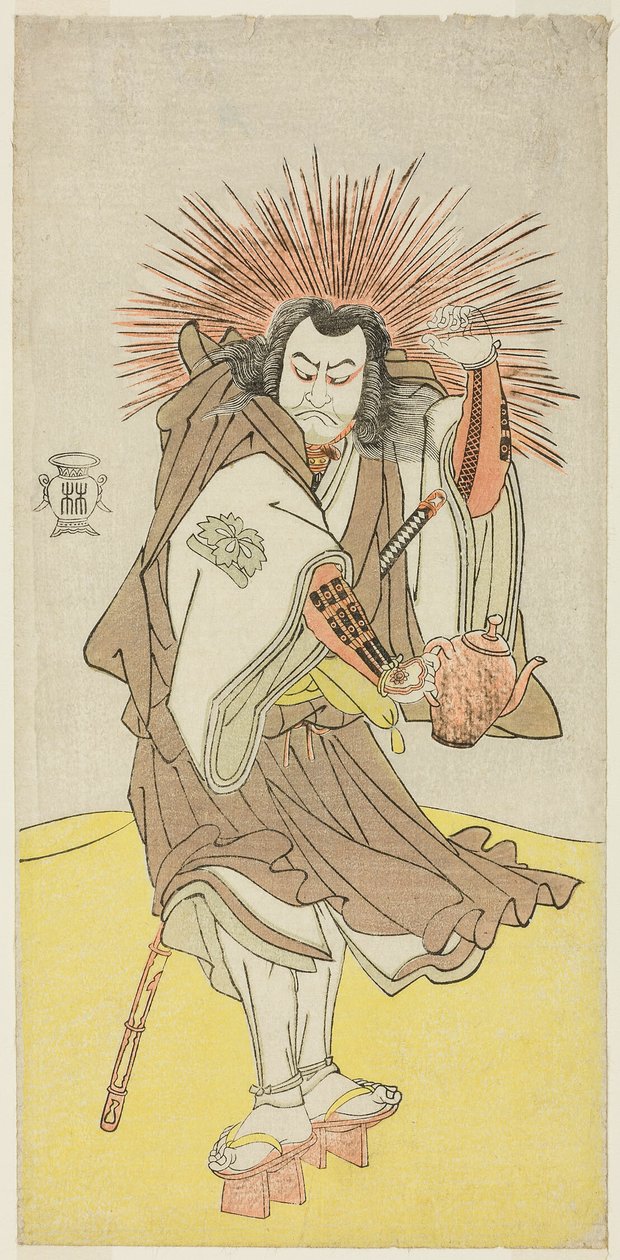 Herec Nakayama Kojuro VI jako Osada no Taro Kagemune (ve skutečnosti Hatcho Tsubute no Kiheiji), v roli osvětlovače svatyně Gion, ve třetím dějství první části hry Yukimotsu Take Furisode Genji (Zasněžený bambus: Genji v dlouhých rukávech), od Katsukawa Shunsho