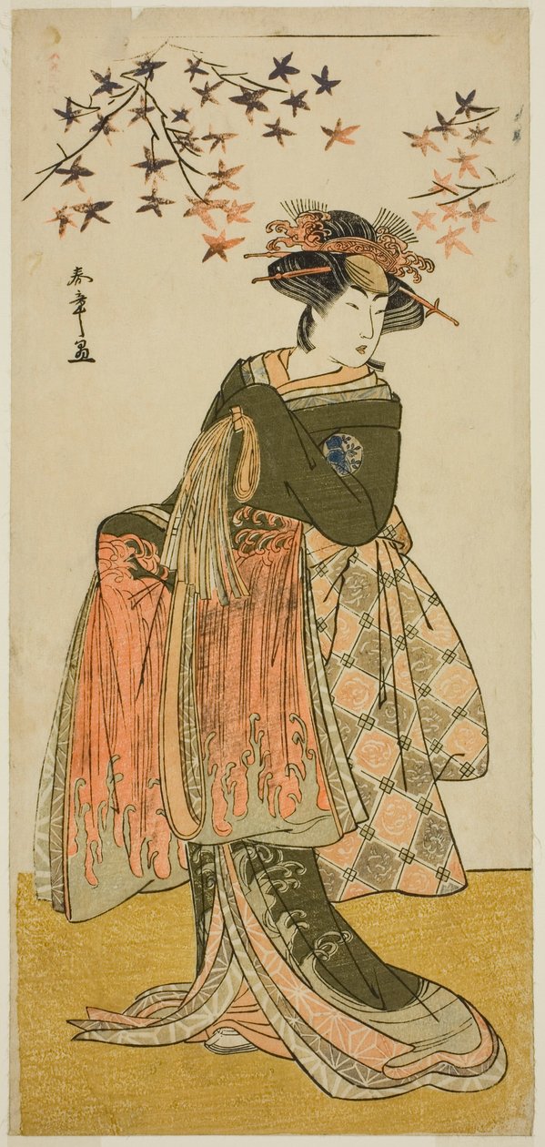 Herec Nakayama Tomisaburo I jako Gejša Yukino (nebo Oyuki?) ve hře Kabuki no Hana Bandai Soga, uvedené v divadle Ichimura ve čtvrtém měsíci, 1781 od Katsukawa Shunsho