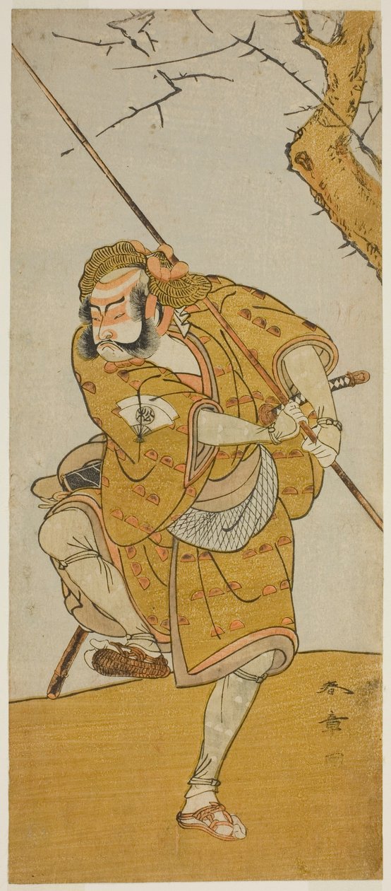 Herec Onoe Matsusuke I jako Kobayashi no Asahina v přestrojení za lovce ptáků ve hře Edo no Haru Meisho Soga, uvedené v divadle Ichimura ve třetím měsíci, 1773 od Katsukawa Shunsho