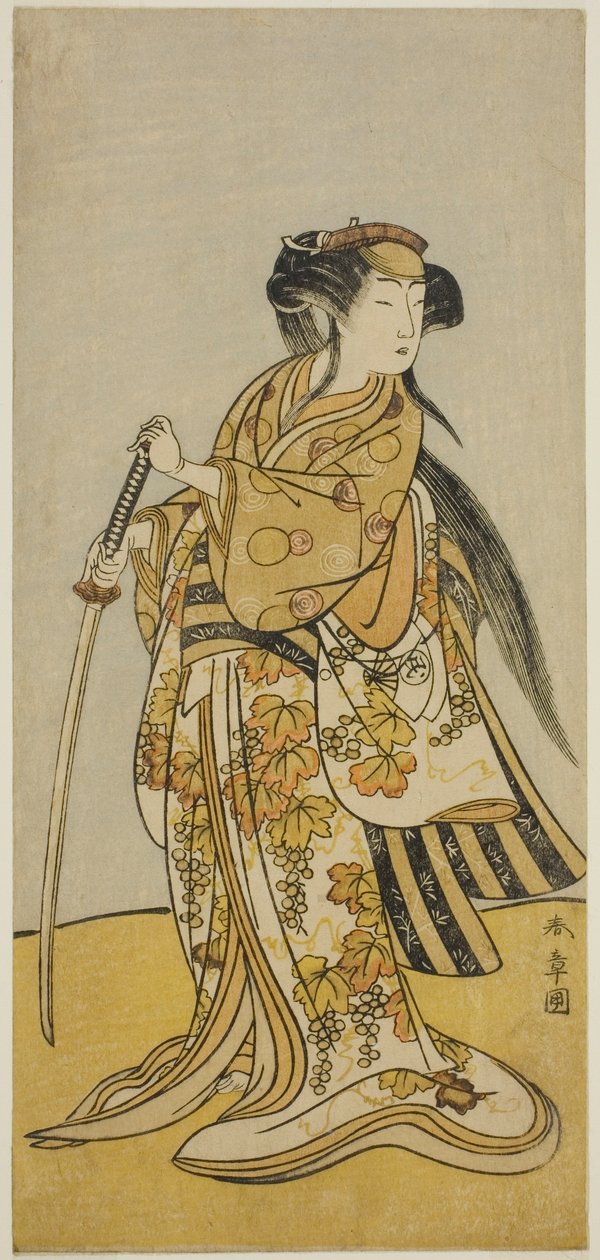 Herec Onoe Tamizo I jako Kureha (?) ve hře Shusse Taiheiki (?), hrané v divadle Nakamura (?) v osmém měsíci, 1775 (?) od Katsukawa Shunsho