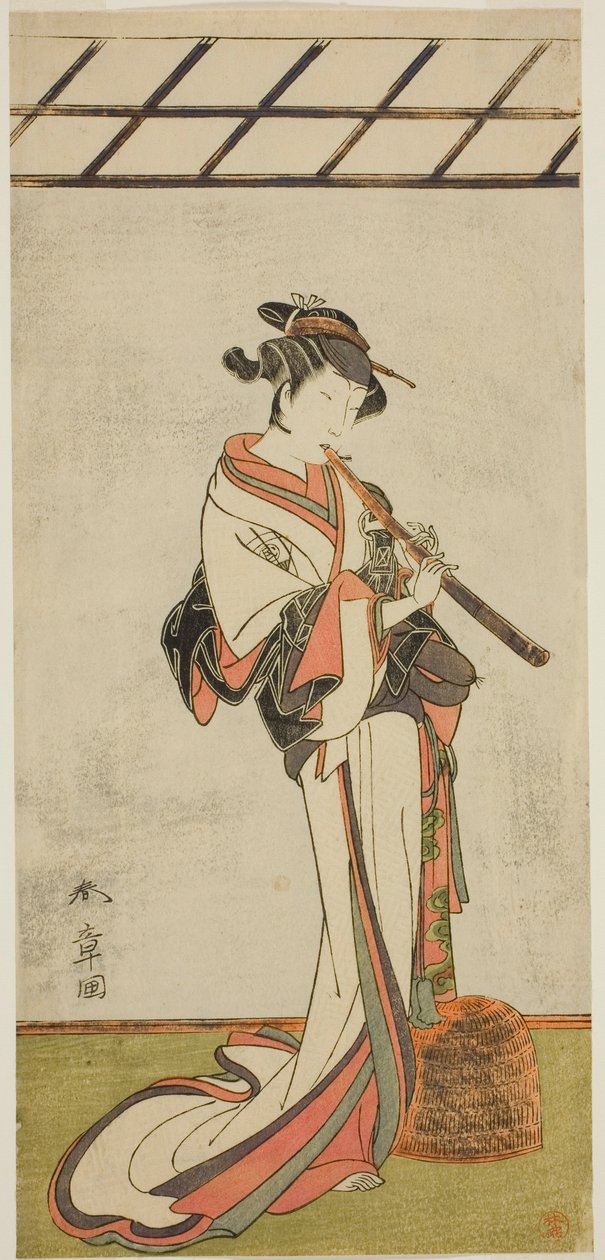 Herec Onoe Tamizo I jako Oiso no Tora nebo Kewaizaka no Shosho, převlečený za ženu Komusu (?), ve hře Yui Kanoko Date-zome Soga (?), hrál v divadle Ichimura (?) v prvním měsíci roku 1774 (?) od Katsukawa Shunsho