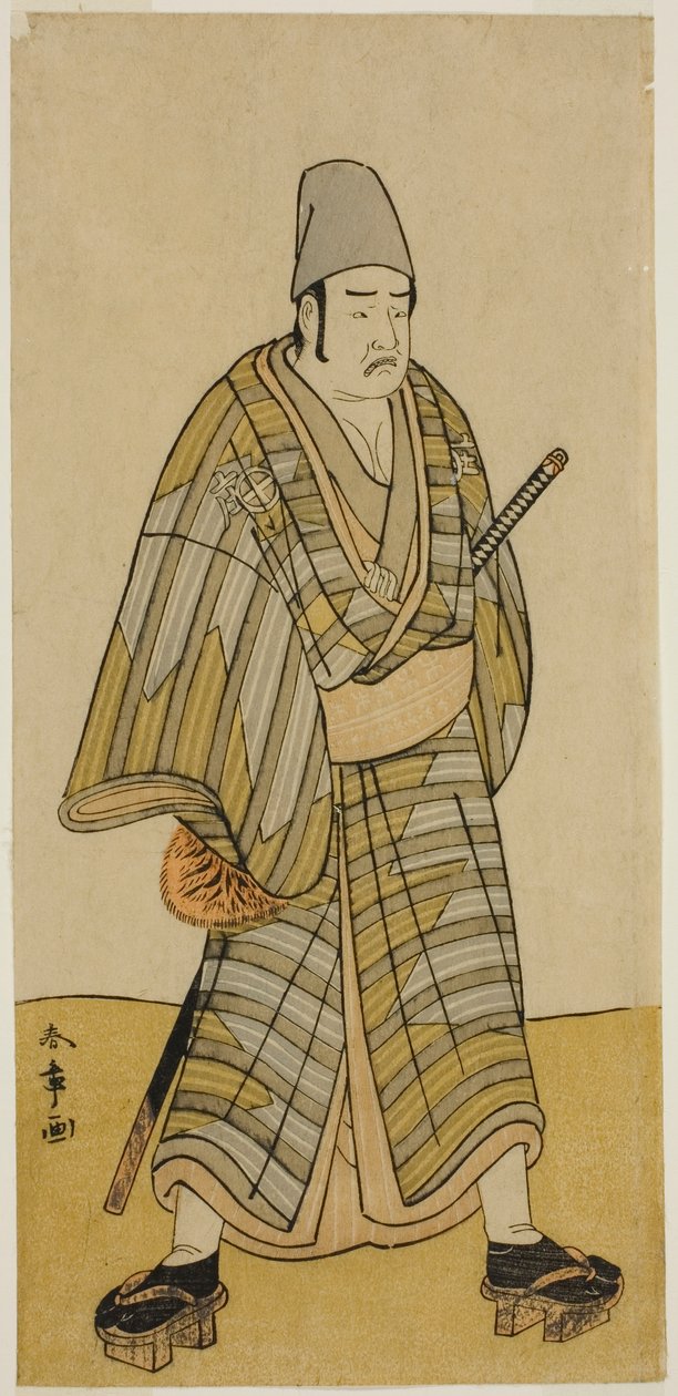 Herec Otani Hiroemon III jako Gokumon Shobei ve hře Sugata no Hana Kurofune Zukin, hrál v divadle Morita v devátém měsíci, 1774 od Katsukawa Shunsho