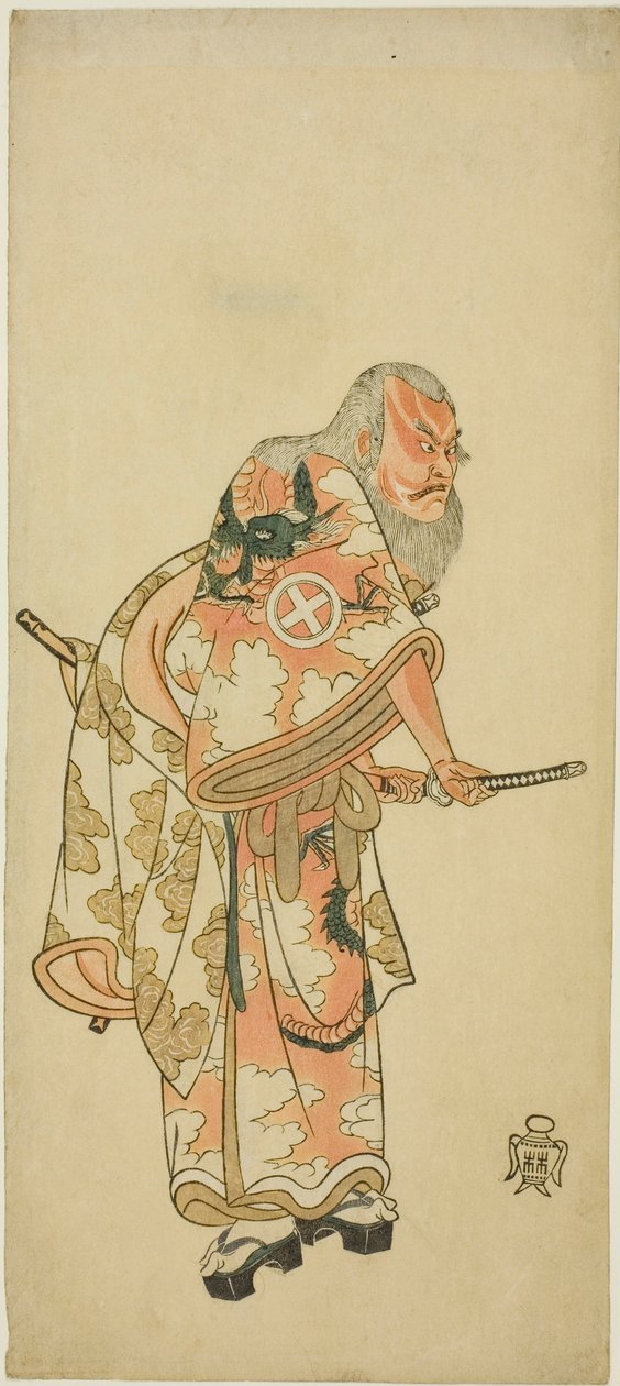 Herec Otani Hiroemon III jako Hige no Ikyu ve scéně „Sukeroku“ ve hře „Hitokidori Harutsuge Soga“ od Katsukawa Shunsho