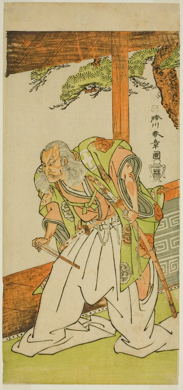 Herec Otani Hiroemon III jako Shinoda Jirodayu ve hře Keisei Momiji no Uchikake, hrál v divadle Morita v sedmém měsíci, 1772 od Katsukawa Shunsho