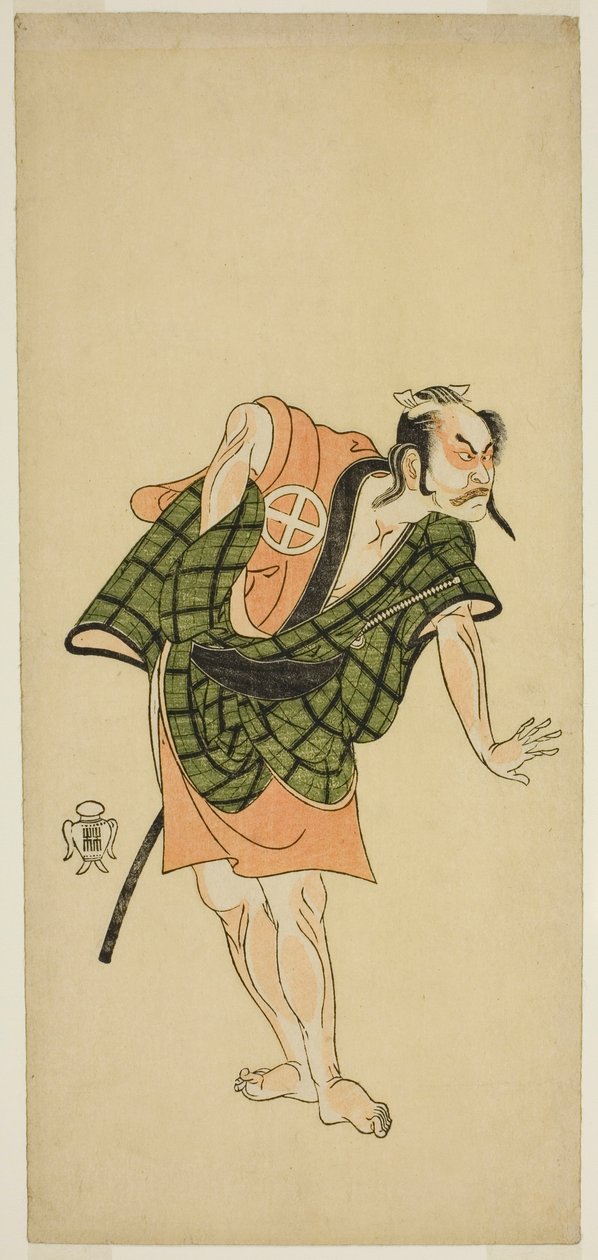 Herec Otani Hiroji III jako Onio Shinzaemon (?) ve hře Play Bunshin Sugatami Soga (?), hrál v divadle Morita (?) ve druhém měsíci, 1765 (?) od Katsukawa Shunsho