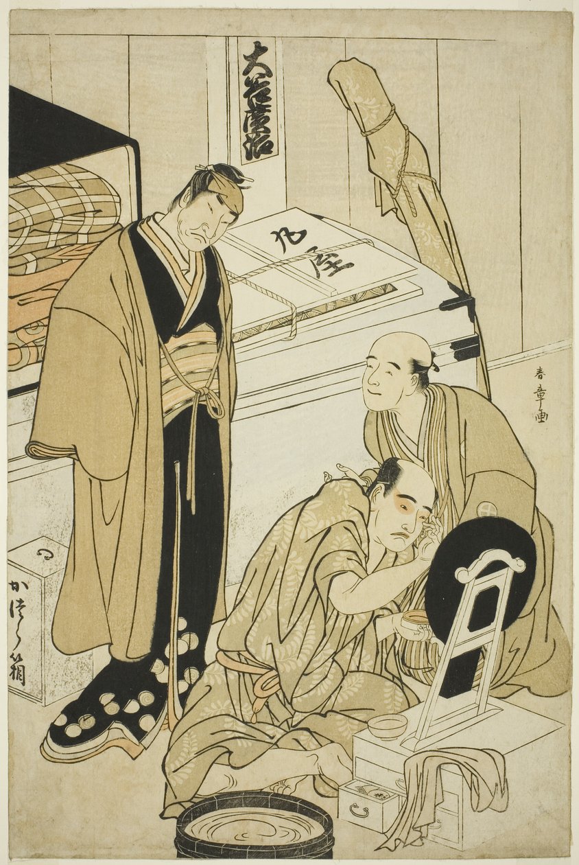 Herec Otani Hiroji III ve své šatně Asistence Otani Tokuji I (?) a Oberved Nakamura Nakazo I (?) od Katsukawa Shunsho