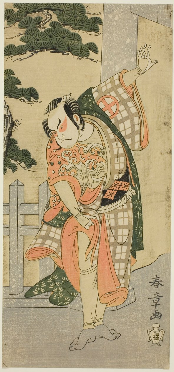 Herec Otani Hiroji III ve scénické póze (Mie) před Shrine Gateway od Katsukawa Shunsho