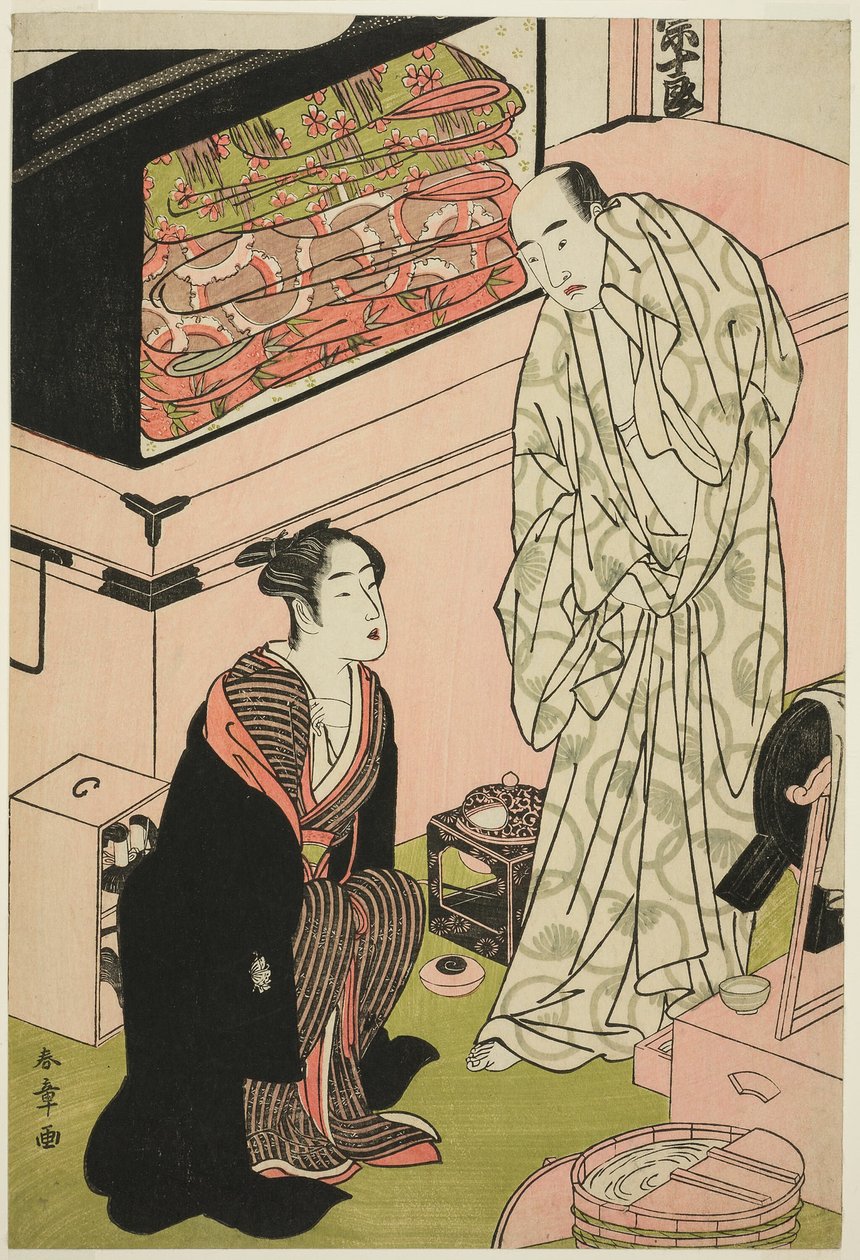 Herec Sawamura Sojuro III (vpravo), v rozhovoru s hercem Segawa Kikunojo III (vlevo) od Katsukawa Shunsho