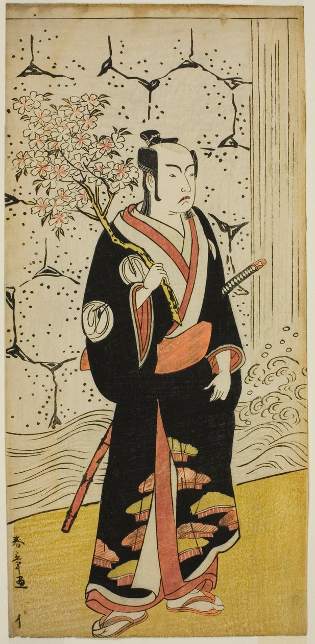 Herec Sawamura Sojuro III jako Sonobe Zaemon ve hře „Shin Usuyuki Monogatari“, hrál v divadle Ichimura v osmém měsíci roku 1779 od Katsukawa Shunsho