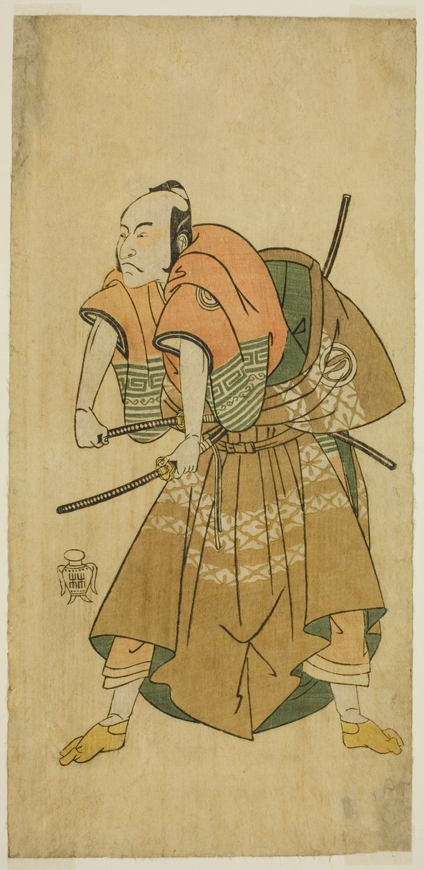 Herec Sawamura Sojuro II jako Omi no Kotoda (?) ve hře Shuen Soga Omugaeshi (?), uvedené v divadle Ichimura (?) ve druhém měsíci, 1768 (?) od Katsukawa Shunsho