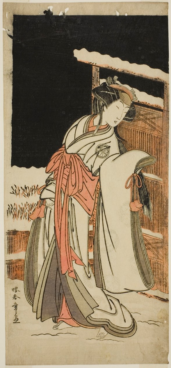 Herec Segawa Kikunojo III jako Lady Shizuka (Shizkua Gozen) v přestrojení za Tamazusu ve hře Chigo Torii Tobiiri Kitsune, uvedené v divadle Ichimura v jedenáctém měsíci, 1777 od Katsukawa Shunsho