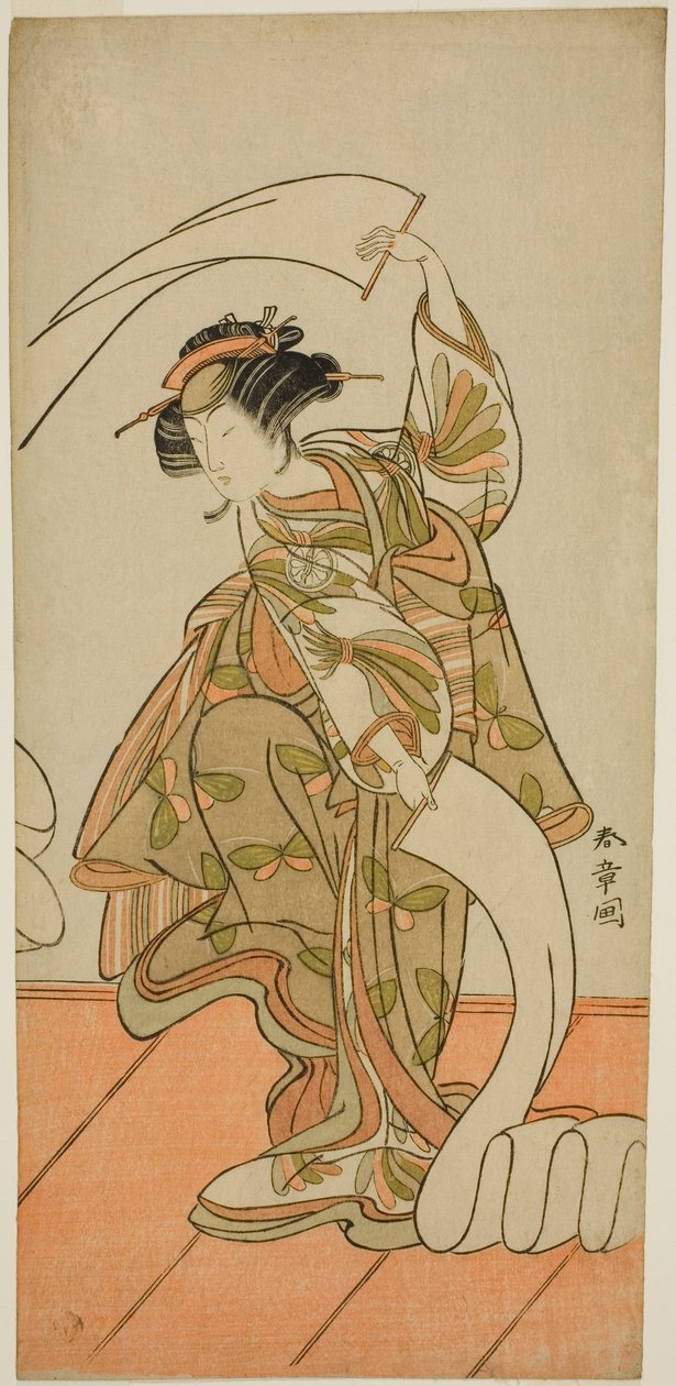Herec Segawa Kikunojo III jako kurtizána Kisegawa v tanci "Nuno Sarashi" ve hře Hana-zumo Genji Hiiki, uvedené v divadle Nakamura v jedenáctém měsíci, 1775 od Katsukawa Shunsho