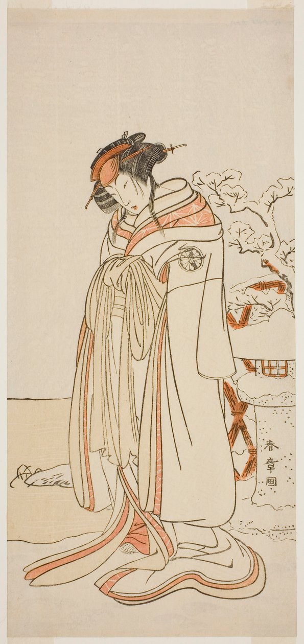 Herec Segawa Kikunojo III jako kurtizána Kisewata (Tagasode) (?) ve hře Hana-zumo Genji Hiiki (?), hrané v divadle Nakamura (?) v jedenáctém měsíci, 1775 (?) od Katsukawa Shunsho